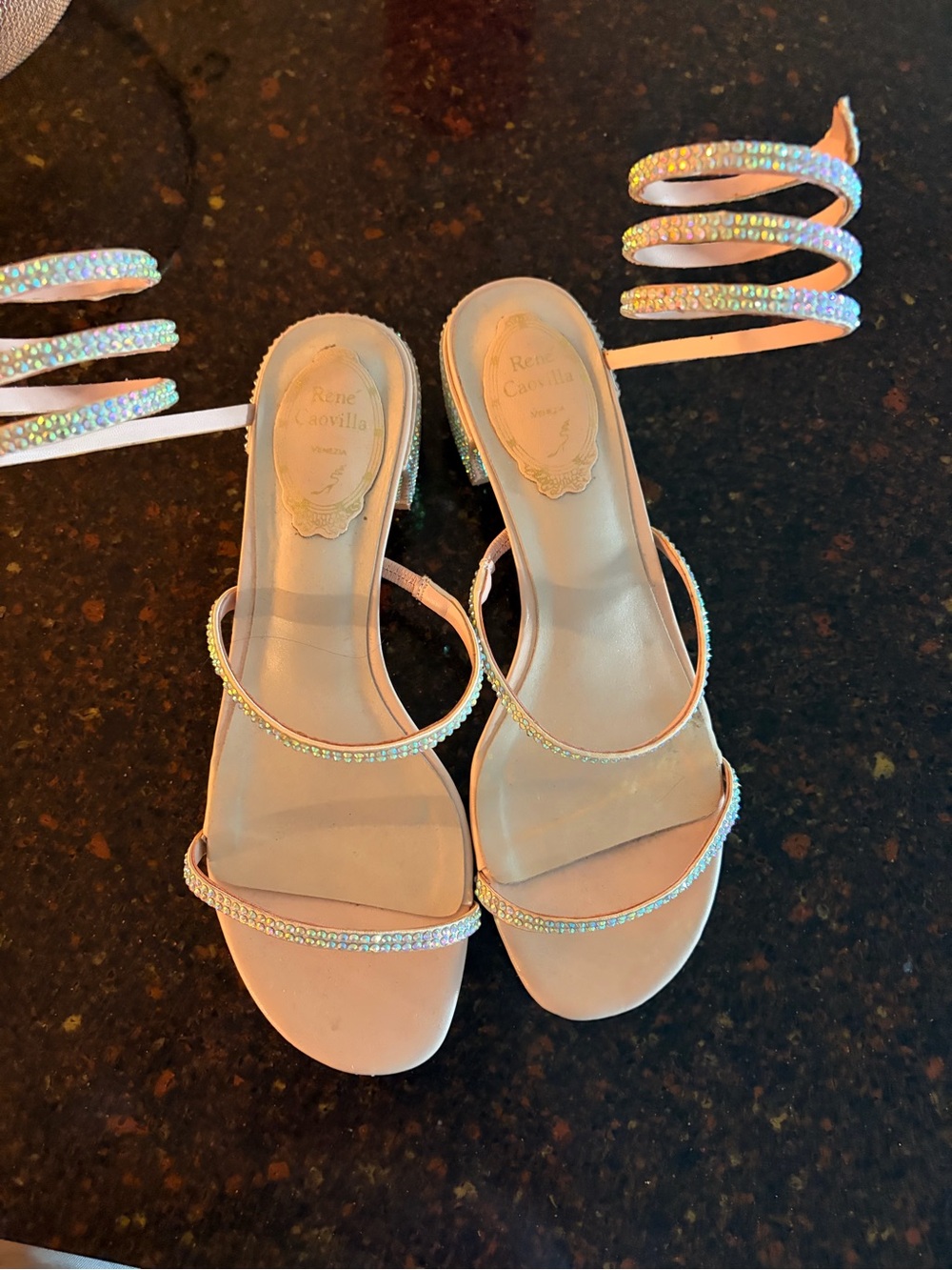 Rene Caovilla Iridescent Crystal-Strap White Lace-Up Heels